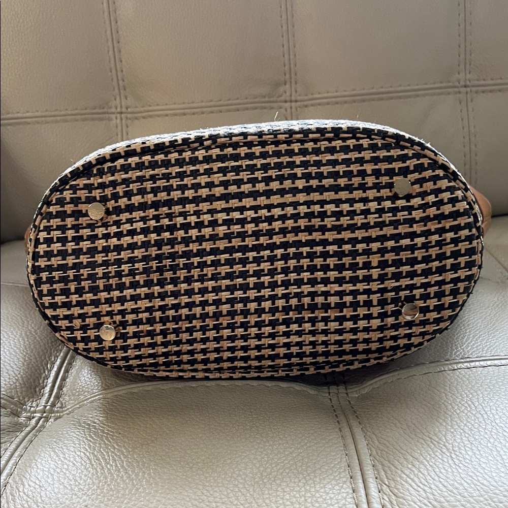 J McLaughlin Elpis Woven Straw Handbag Bamboo Handles Leather Upper Trim. - Picture 6 of 13